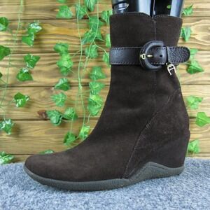 Etienne Aigner Eve Women's Brown Suede Leather Wedge Ankle Boots Side Zip Sz 6M